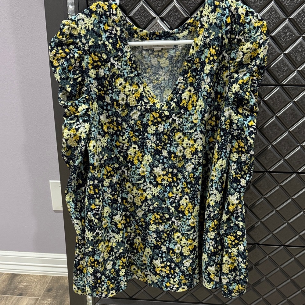 LOFT Floral V-Neck Blouse in Yellow and Blue